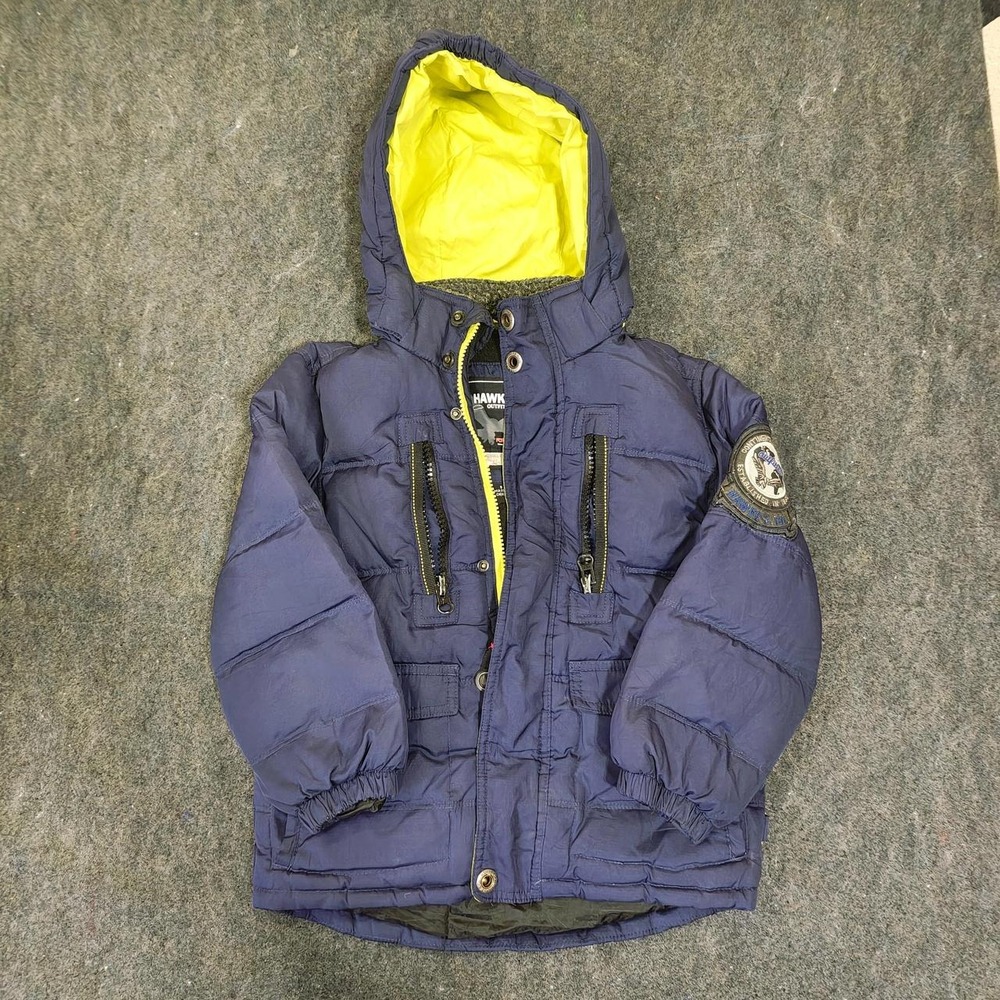 Hawke & Co Outfitter Navy Blue Puffer Jacket Yellow Lining Hooded Coat L